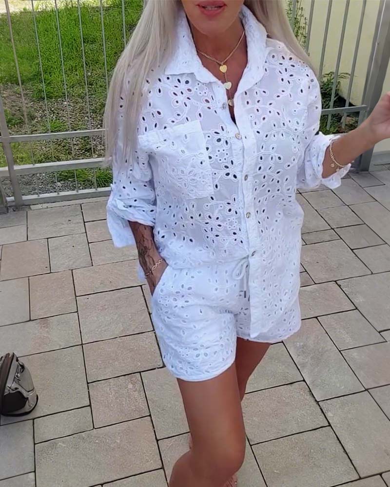 Long-Sleeved Lapel Hollow Shorts Set