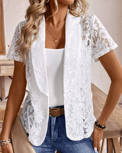 Solid color short-sleeved lapel lace coat 202466 coats summer