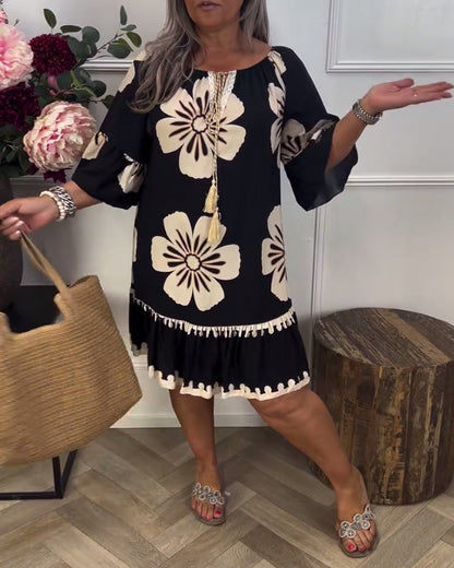 Half-Sleeve Tie Oversized Printed Dress