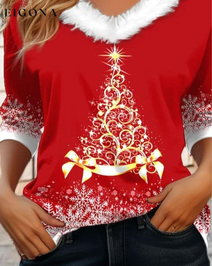 Plush v-neck christmas tree print top 2023 f/w 23BF blouses & shirts christmas Clothes