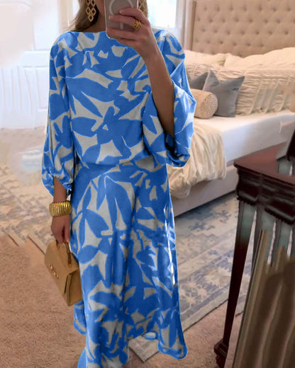Completo abito casual con maniche a lanterna stampate e temperamento