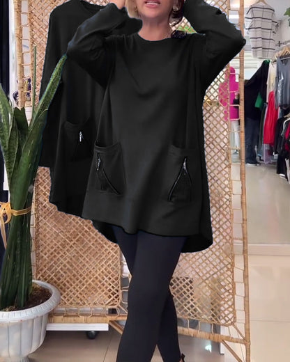 Round Neck Solid Color Zipper Pocket Sweatshirt