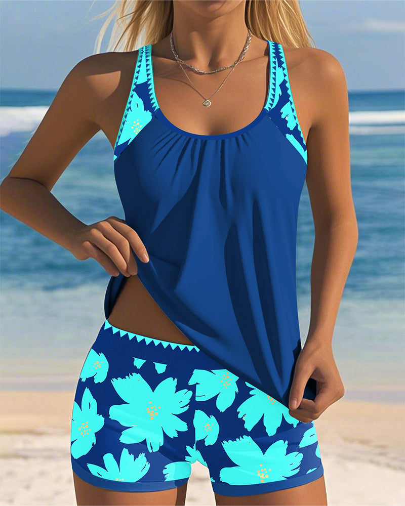U-Neck Sleeveless Printed Boxer Tankini