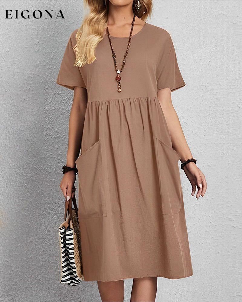 Round neck pleated short sleeve dress Coffee 23BF Casual Dresses Clothes Cotton and Linen Dresses Spring Summer