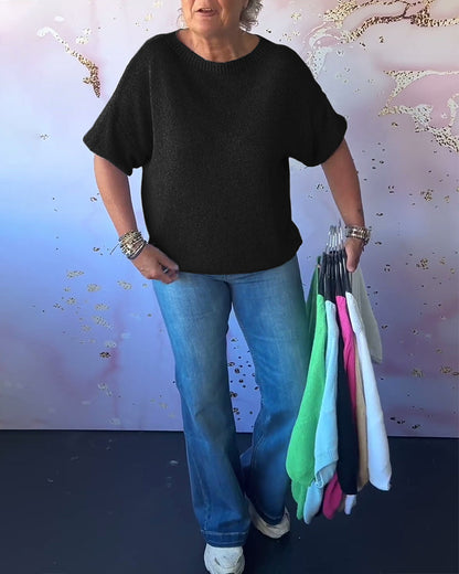 Casual loose solid color round neck pullover