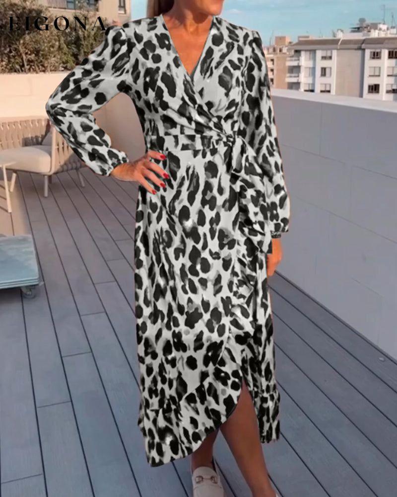 V Neck Leopard Printed Dress Gray 2023 F/W 23BF casual dresses Clothes Dresses Spring Vacation Dresses