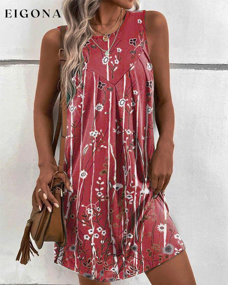 Round neck floral print tank dress Red 23BF Casual Dresses Clothes Cotton and Linen Dresses Summer