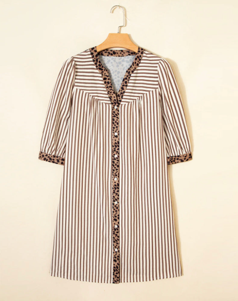 Striped Leopard Patchwork Shirt Dress