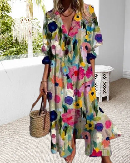 V-neck colorful printed long dress casual dresses spring summer