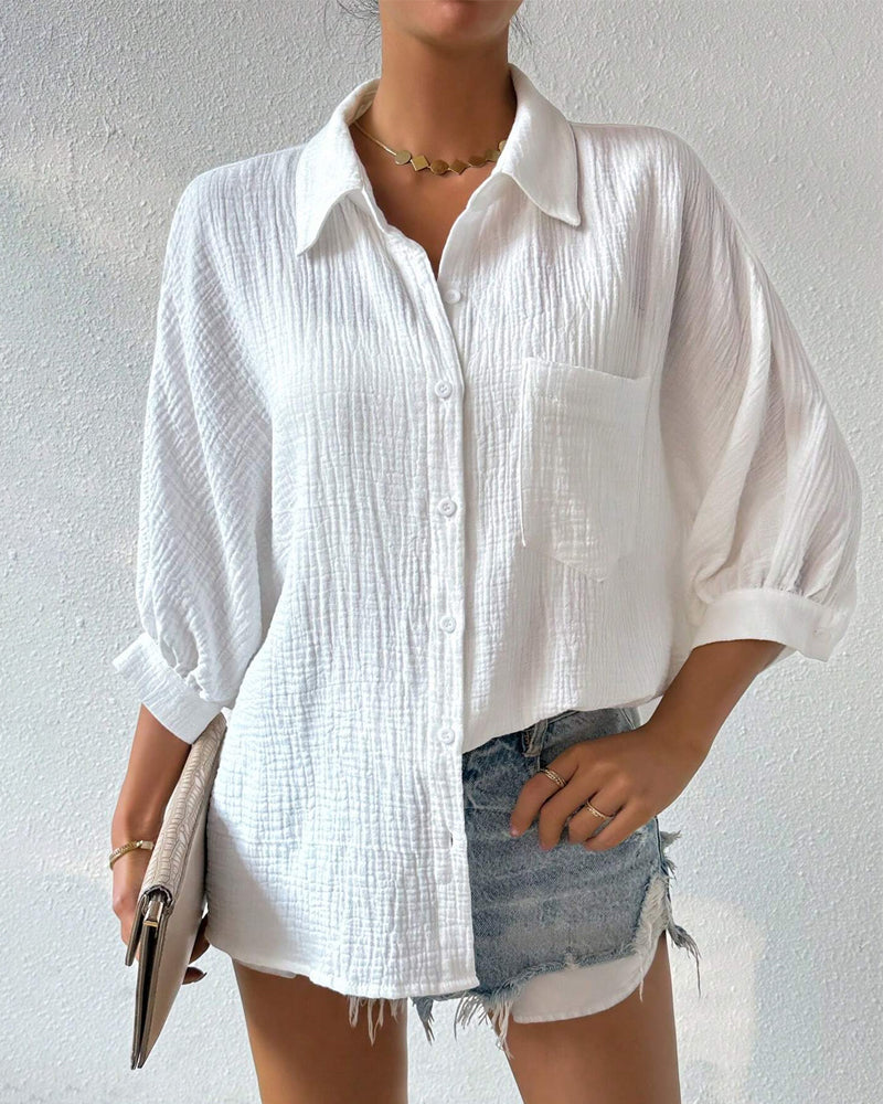 Solid Color Lapel Pleated Lantern Sleeve Shirt
