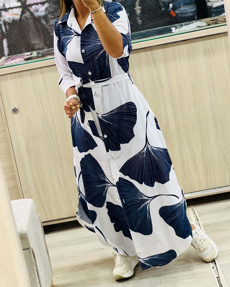 Casual ginkgo leaf print buttoned lace-up dress casual dresses spring summer