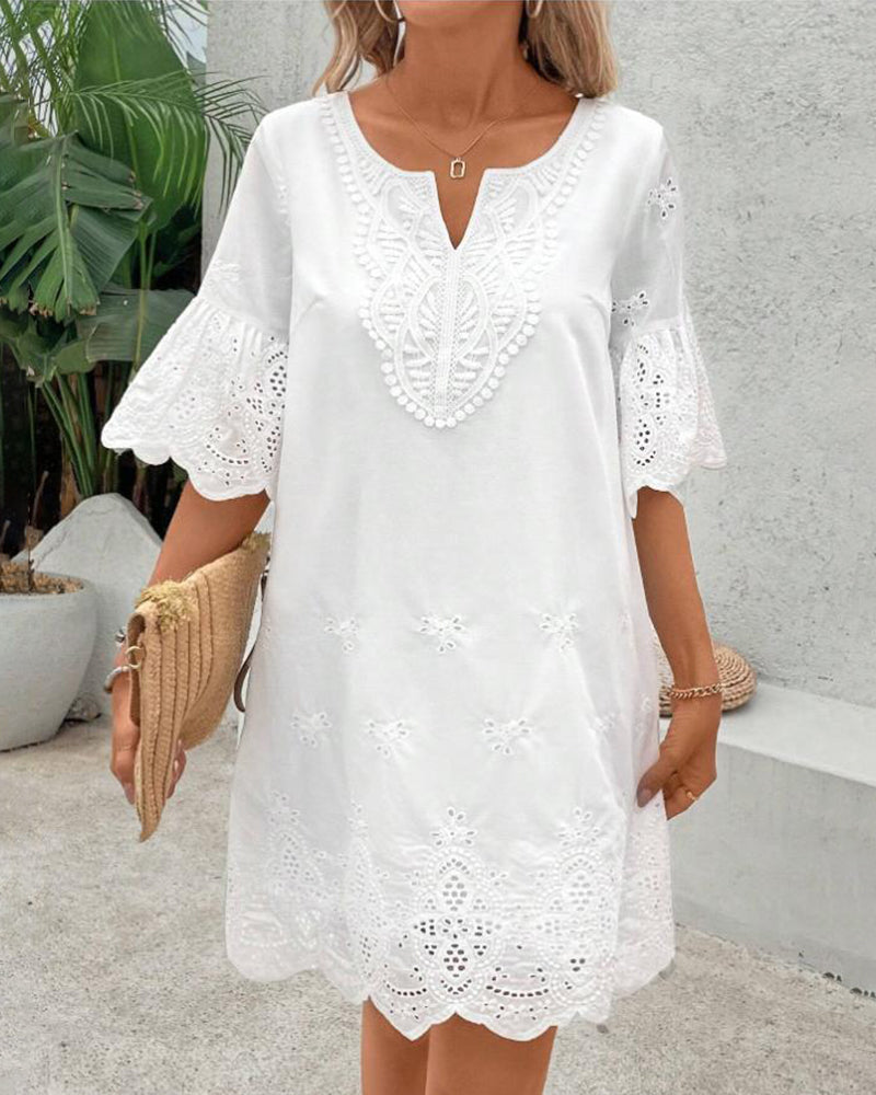 Hollow Lace Five-Point Sleeve Dress