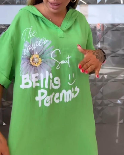 Hooded Printed Casual Shift Dress