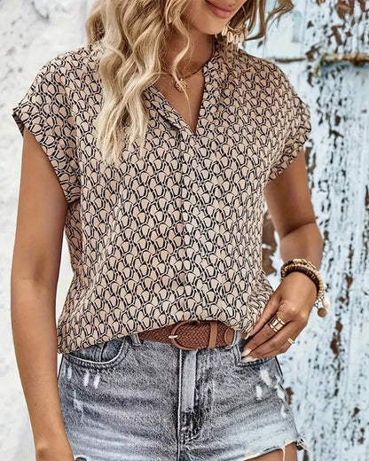 V-Neck Printed Casual Short-Sleeved Blouse