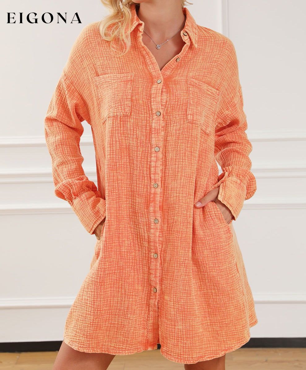 Orange Crinkled Dual Chest Pocket Oversized Shirt Dress All In Stock clothes Color Orange EDM Monthly Recomend Fabric Linen Occasion Daily Print Solid Color Season Spring Style Southern Belle