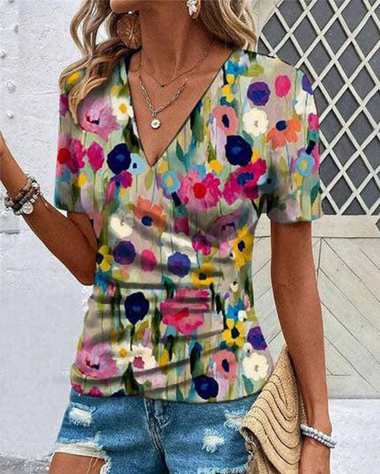 V-neck short-sleeved floral blouse