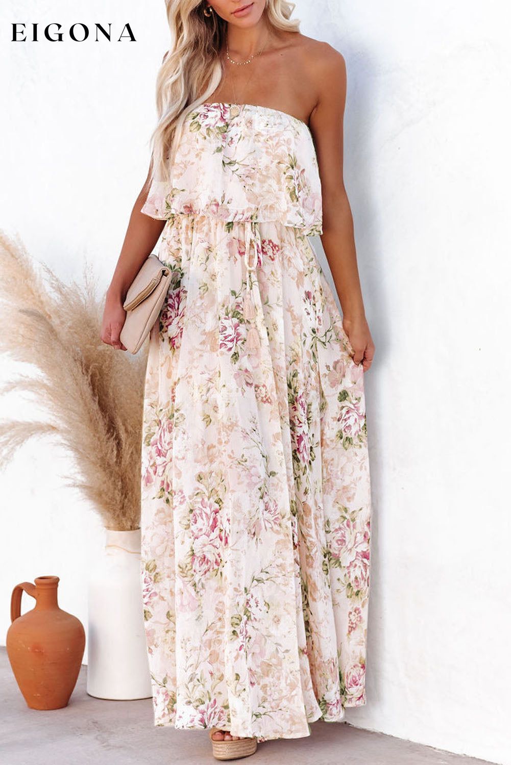 Pink Floral Print Strapless Tube Top Maxi Dress casual dress casual dresses clothes Detail Ruffle dress dresses maxi dress Occasion Vacation Print Floral Season Summer Size S To 2XL Sleeve Sleeveless Style Bohemian Style Elegant
