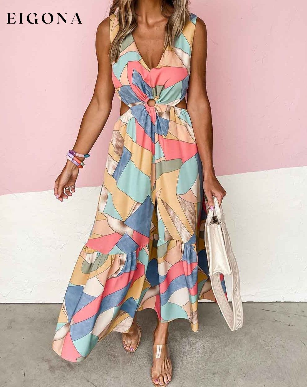 Boho Print O-ring Cut-out Sleeveless Maxi Dress clothes Detail Cut Out Occasion Vacation Print Color Block Season Summer Silhouette A-Line Style Bohemian