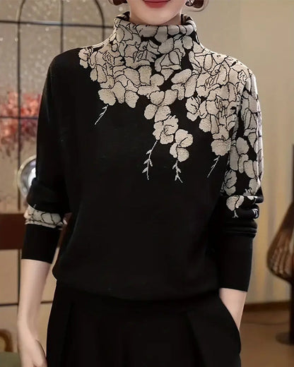 Fashion Turtleneck Floral Jacquard Pullover