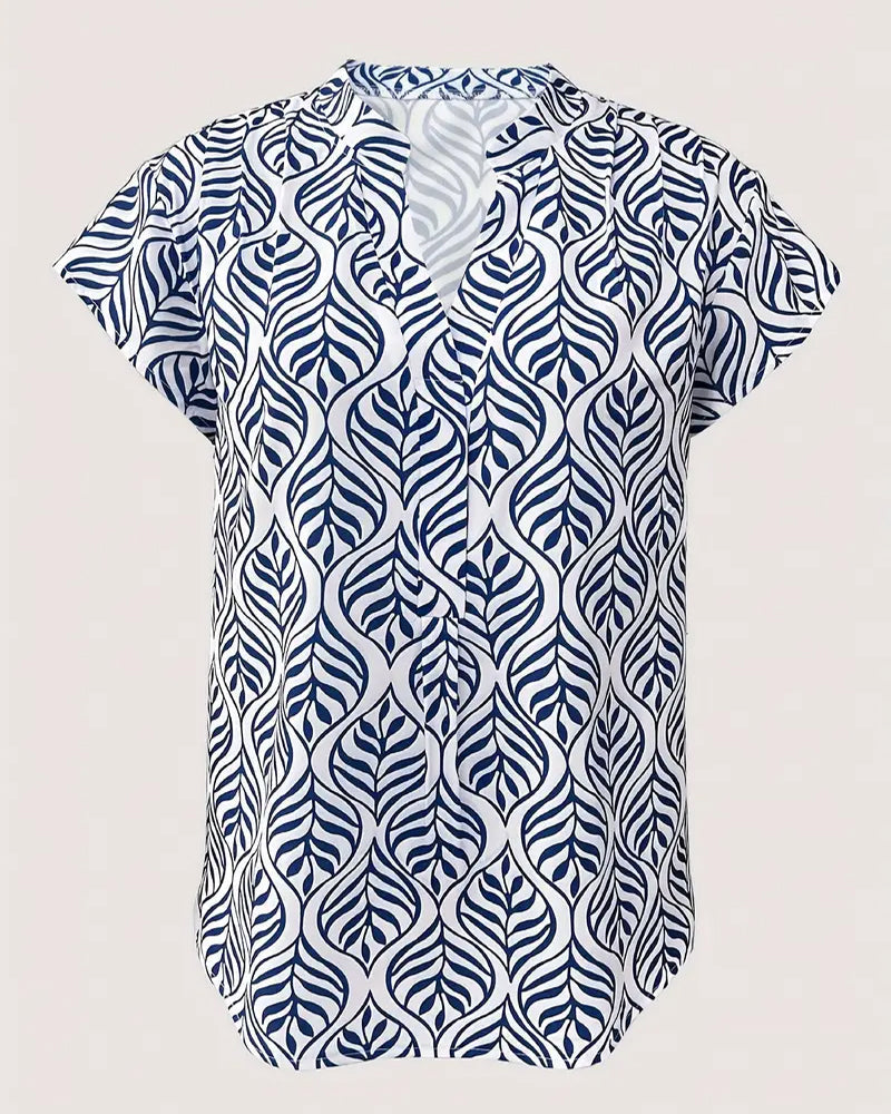 Stand Collar Leaf Print Short Sleeve Blouse