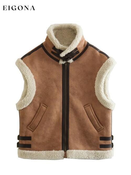 Contrast Zip Up Fleece Vest Chestnut clothes K&BZ Ship From Overseas