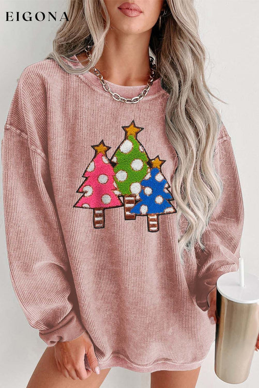 Pink Vintage Wash Sequined Christmas Tree Corded Sweatshirt Pink 100%Polyester Best Sellers Christmas christmas sweater clothes Color Pink Day Christmas Fabric Corduroy Fabric Fleece Hot picks Season Fall & Autumn