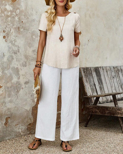 Kurzarm-T-Shirt aus Baumwolle und Leinen mit Rundhalsausschnitt