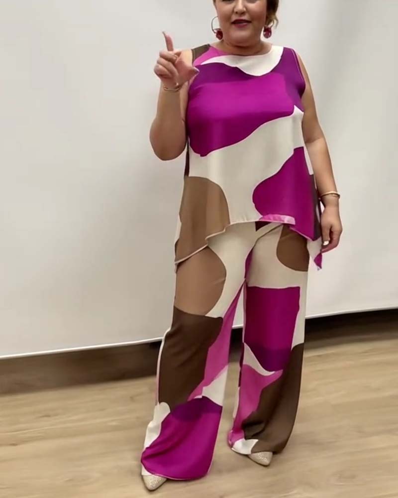 Sleeveless Geometric Pattern Wide-Leg Suit