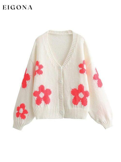 Floral Button Up V-Neck Cardigan Coral clothes K&BZ Ship From Overseas