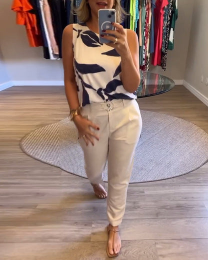 Sleeveless Crew Neck Printed Vest