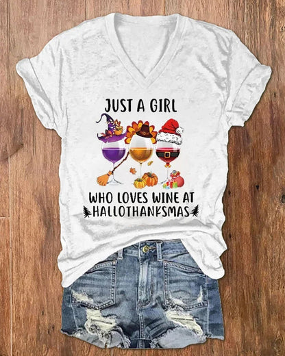 Women's Just A Girl Who Loves Wine At Hallothanksmas Print V-Neck T-Shirt halloween summer t-shirts