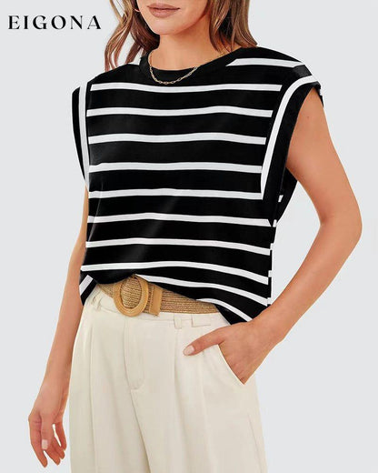 Casual striped print round neck sleeveless top blouses & shirts spring summer