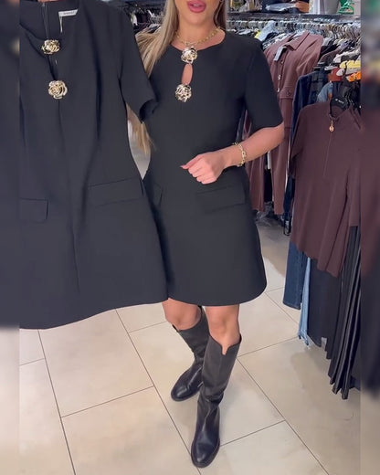 Metal Buckle Fitted Short-Sleeved Dress