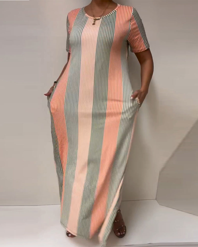 Striped Slit Casual Long Dress