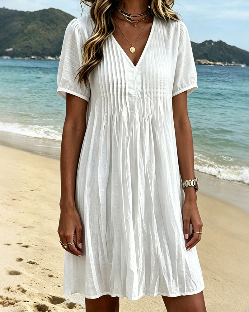 Cotton Puff Sleeve V-Neck Ruched Dress