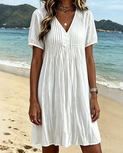 Cotton Puff Sleeve V-Neck Ruched Dress