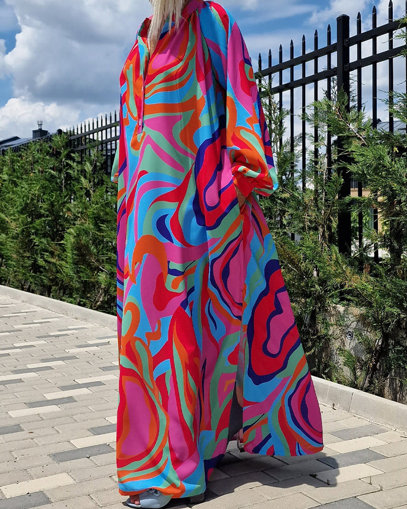 Colorful printed V-neck puff sleeve long dress casual dresses spring summer