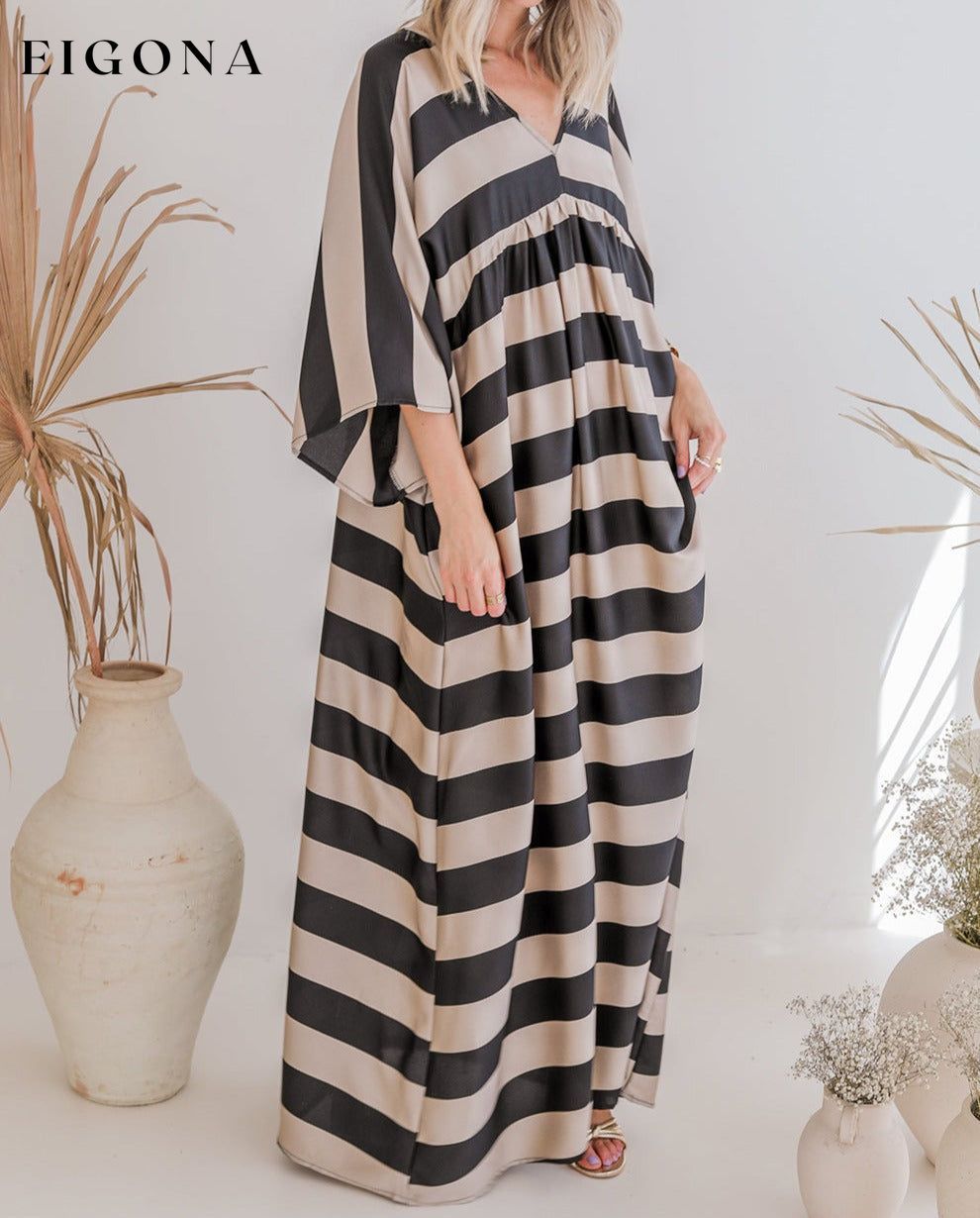 Black V Neck Kimono Sleeve Striped Maxi Dress All In Stock clothes Occasion Daily Print Color Block Season Spring Silhouette A-Line Style Casual