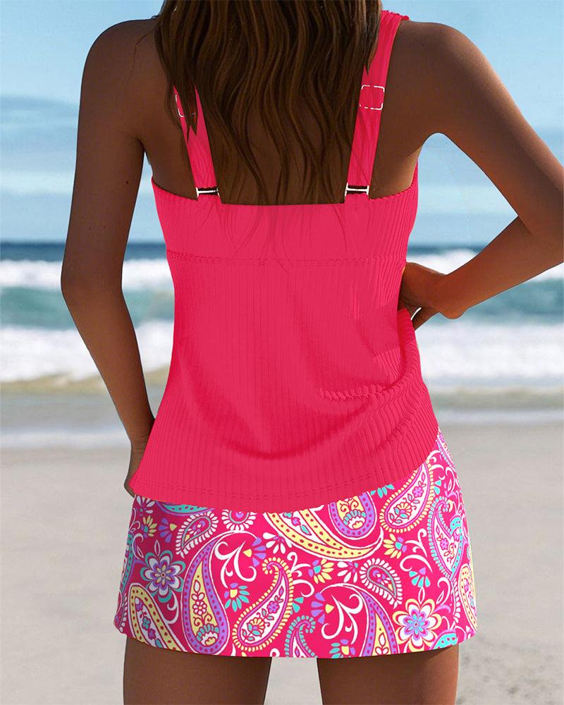 Striped Sleeveless Skirt Swimsuit