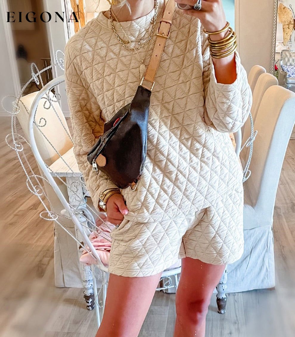 Beige Textured Long Sleeve Top Shorts Outfit All In Stock clothes Craft Quilted Occasion Home Print Solid Color Season Winter set sets Style Casual