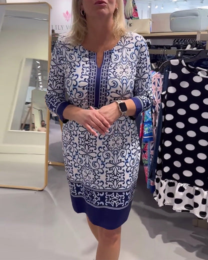 Three-Quarter Sleeve Slim Contrast Print Dress