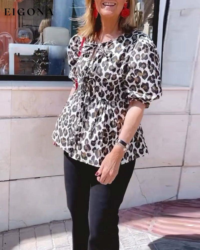 Leopard print lace-up casual half-sleeve top blouses & shirts spring summer