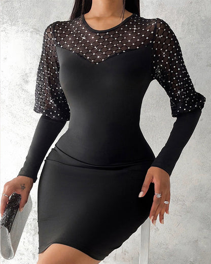 Solid Color Mesh Long-Sleeved Dress