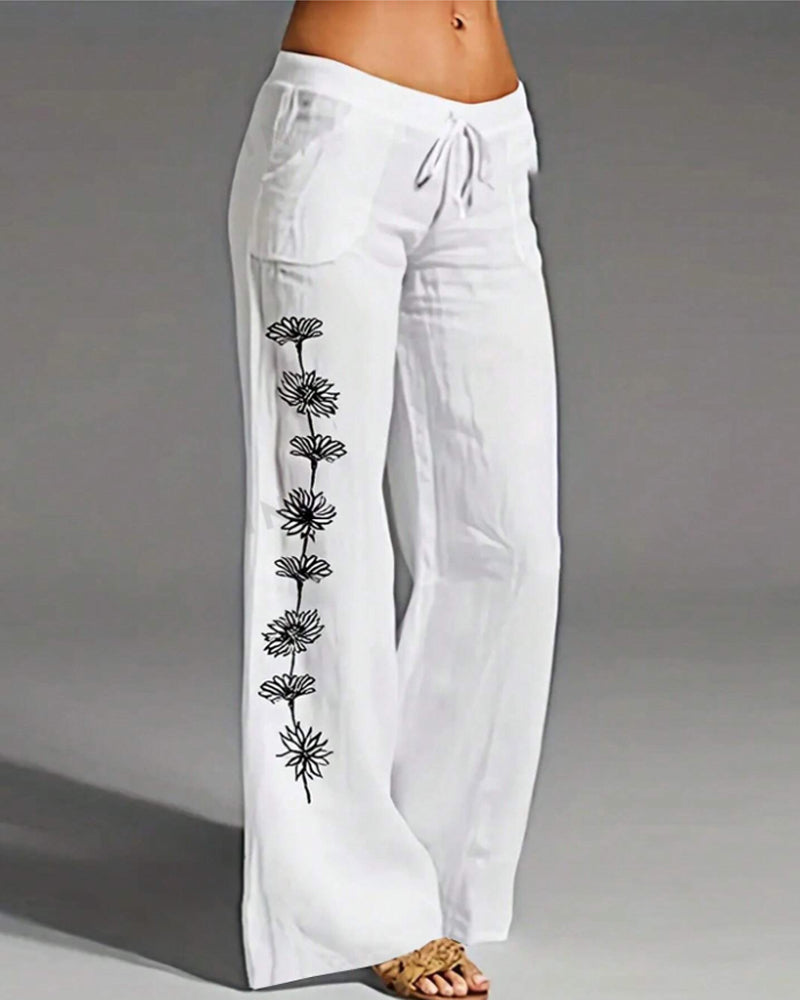 Casual floral print lace-up pocket wide-leg pants 202466 pants spring summer