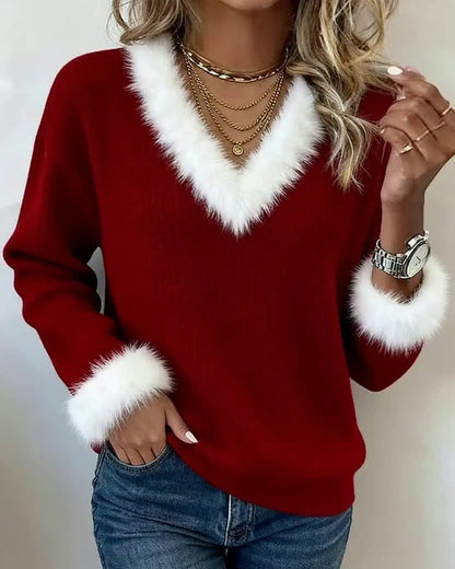Contrast Color V-Neck Long-Sleeved Top