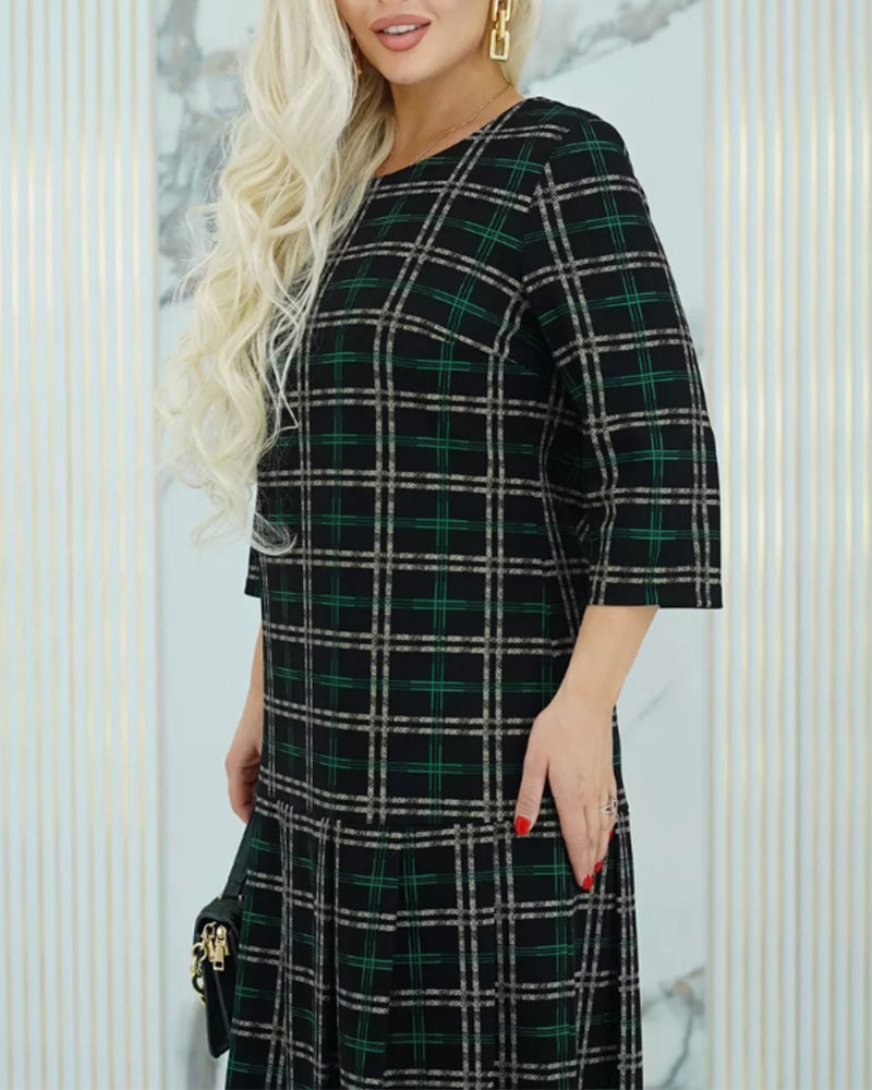 Round neck plaid print button elegant dress 2024 f/w casual dresses