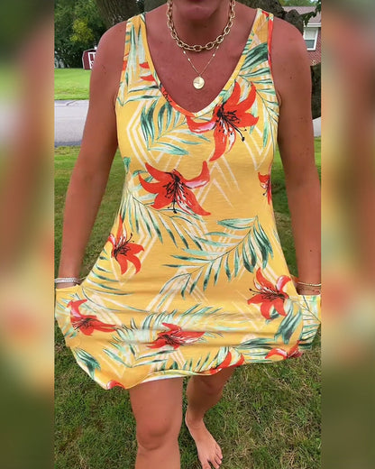 Abito dritto floreale senza maniche con scollo a V