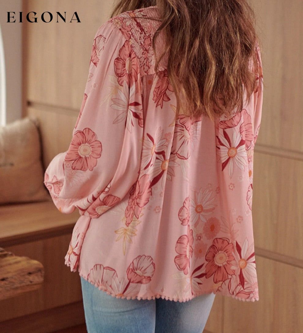 Multicolor Floral Tasseled V Neck Puff Sleeve Blouse All In Stock clothes Color Pink Occasion Daily Print Floral Season Spring Style Southern Belle