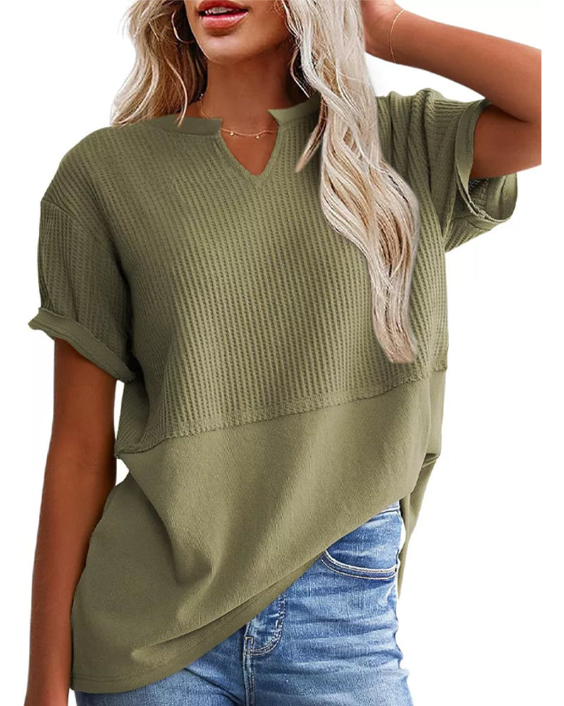 Cinched Waist Patchwork V-Neck Pullover T-Shirt