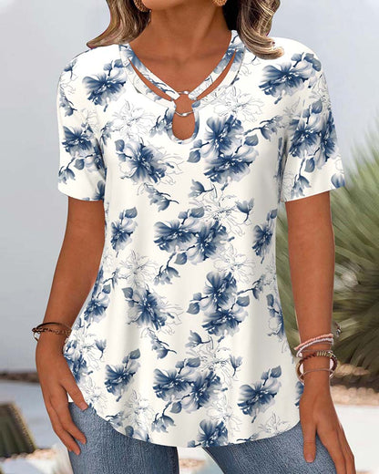 Floral Print Short-Sleeved Blouse